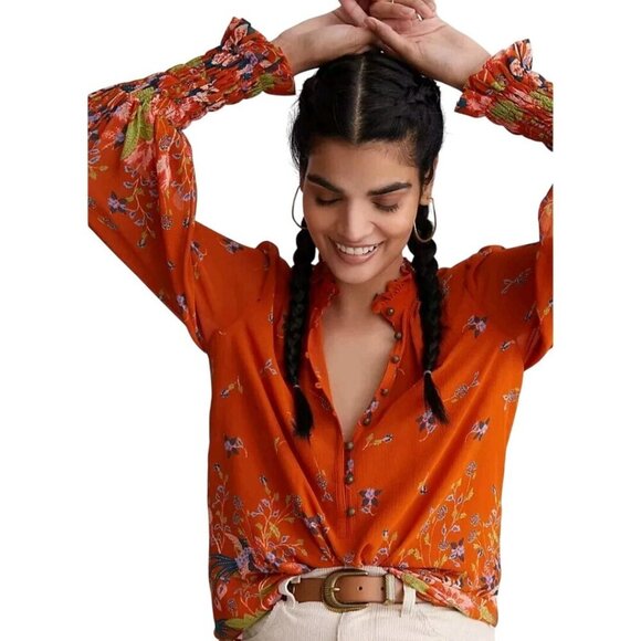 Anthropologie Floral Chiffon Blouse Ruffled Neckline Metal Buttons Size XXS - Picture 1 of 13